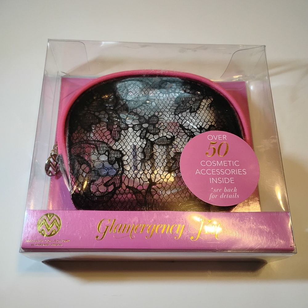 Emergency Cosmetic supply Kit Inside Black and Pink Lace Cosmetic Bag By MacBeth